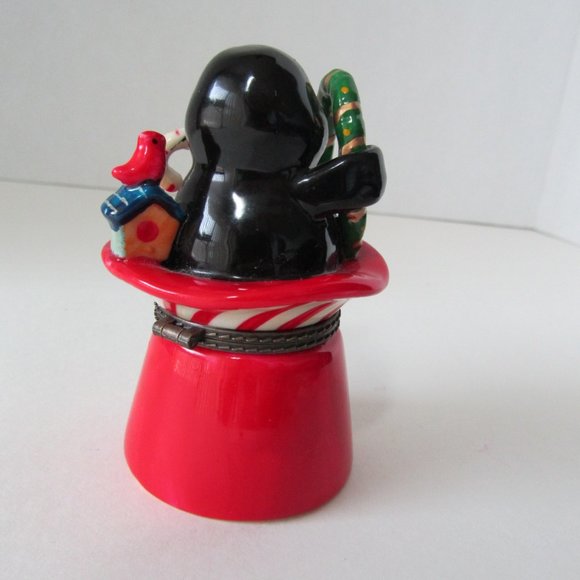 Vintage Christmas Penguin Sitting in Red Hat Trinket Box - Picture 7 of 9